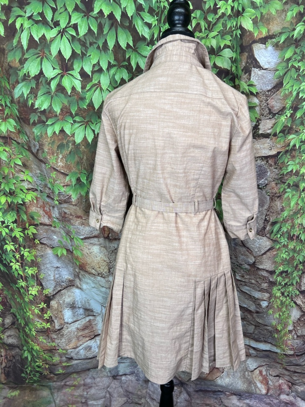 SHARAGANO Minimalist Luxury Designer Tan Shirtdress with Pleated Skirt, 4 - Picture 7 of 11